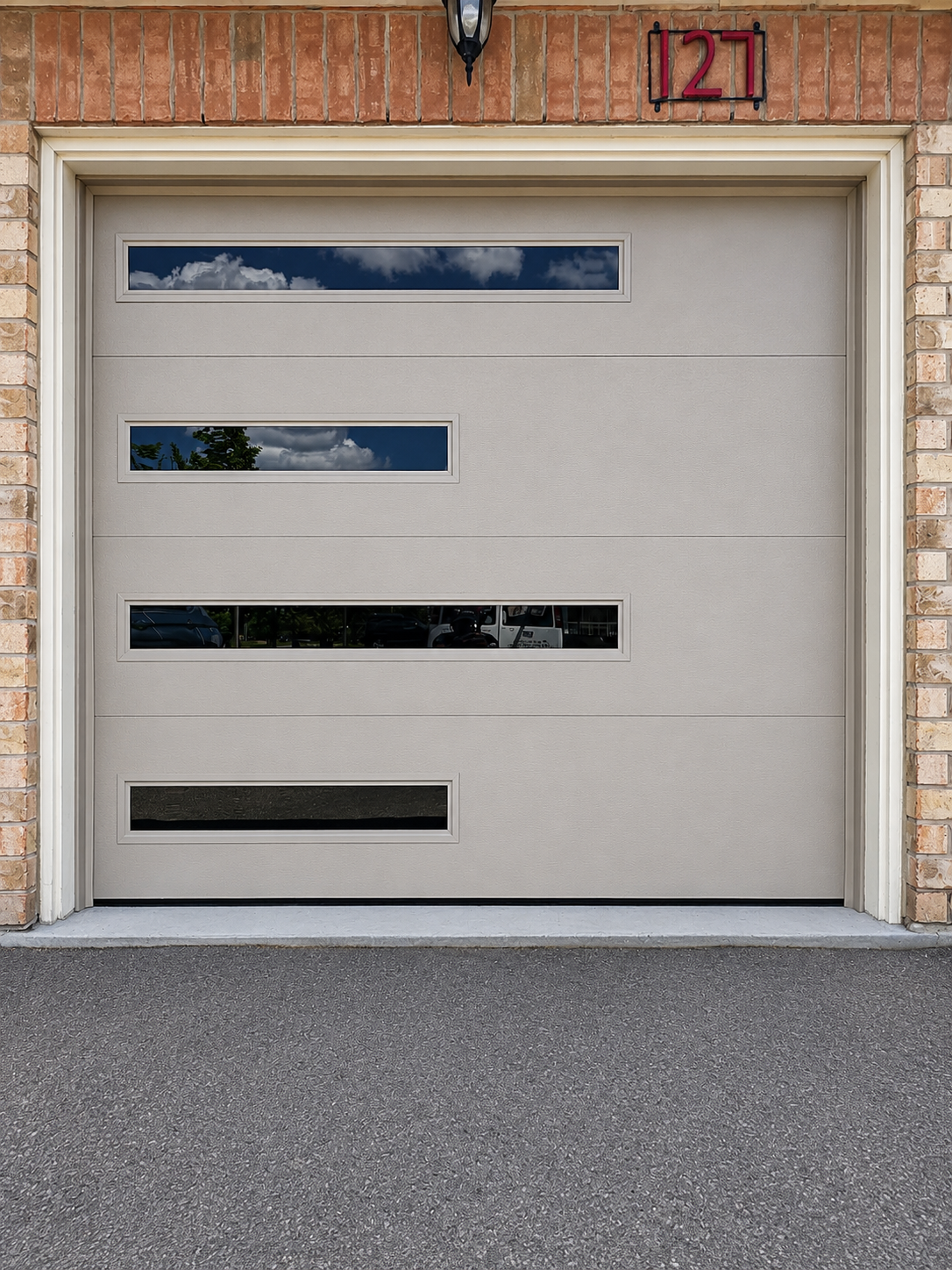 Olympus — Sandstone, Flush Panel, Staggered Clear Mosaic Windows